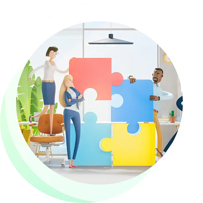 Hebronsoft Team Office Three office workers are putting together a puzzle in the office